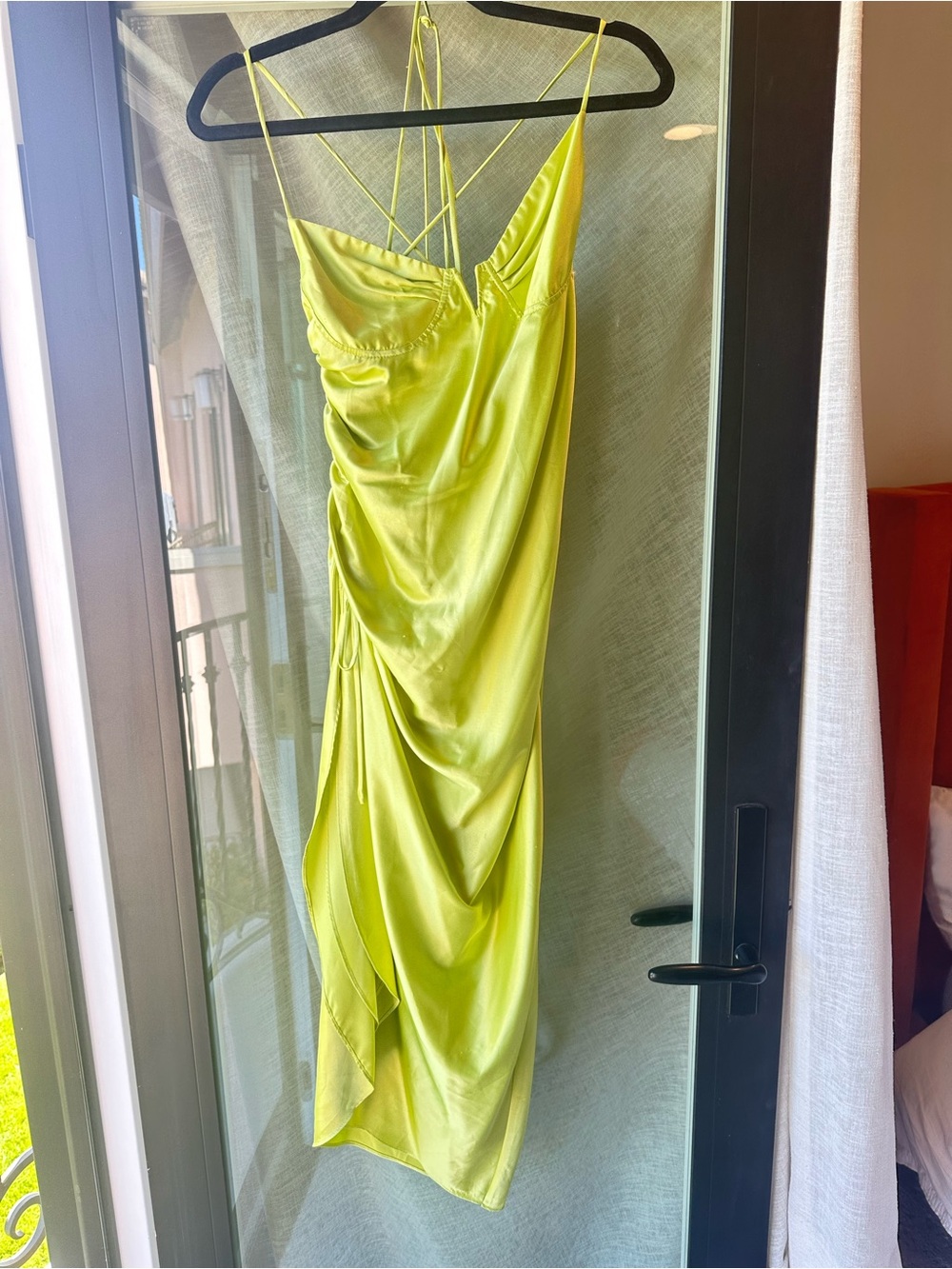 Satin Slip Midi Dress in Lime Green